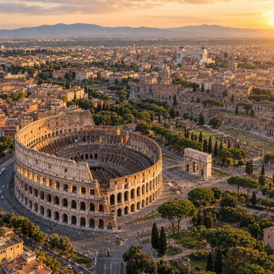 Vista aérea de Roma y el Coliseo al atardecer